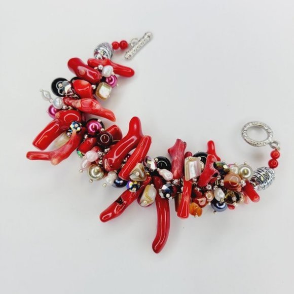 Red Coral Beads Bracelet with Pearls and multicolored Round Beads - Picture 10 of 11